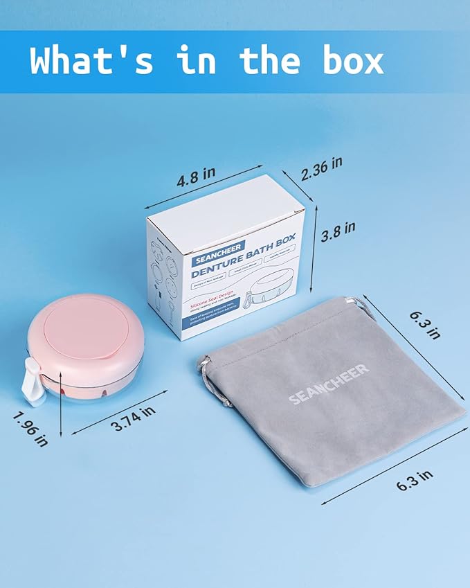 Denture Bath Case, Denture Cup, Leak Proof Portable Retainer Case, Denture Cleaning Kit with Cleaner Brush, Denture Box with Strainer & Mirror, Denture Case for Aligner Retainer Mouth Guard (Pink)