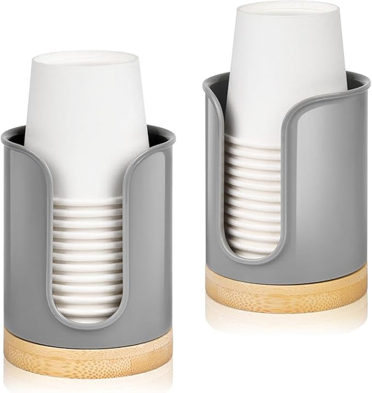 Bathroom Cup Holder - Small Cup Dispenser for Dixie 3 oz Bathroom Cups, 3 4 Ounce Mouthwash Cup Dispenser - PC/Bamboo, Grey, Pack of 2
