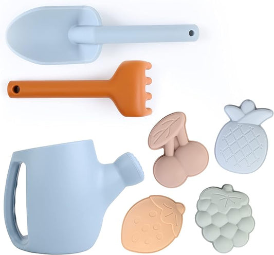 BLUE GINKGO Toddler Gardening Tools - Silicone Beach Toys, Garden Toys for Toddlers | Kids Shovel and Rake Set, Watering Can, Sand Molds | Outdoor Baby Gardening Set (Blue)