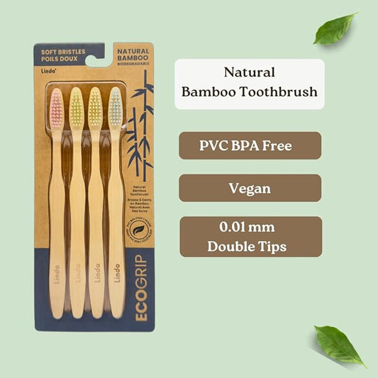 Lindo EcoGrip Bamboo Toothbrush - Soft German Made Fiber Bristles, Organic and Recyclable (Multi-Color)