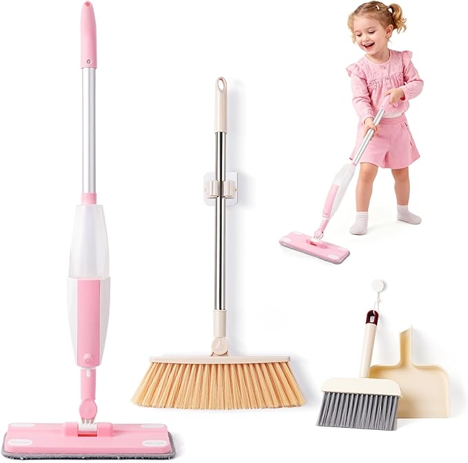 Toddler Gifts Cleaning Toy Sets, Real Working Water-Spraying Mop Toy & Kids Broom Dustpan Set, Montessori Mini Kids Spray Mop, Toddler Cleaning Set for Floor, Christmas Birthday Gifts for Age 3+