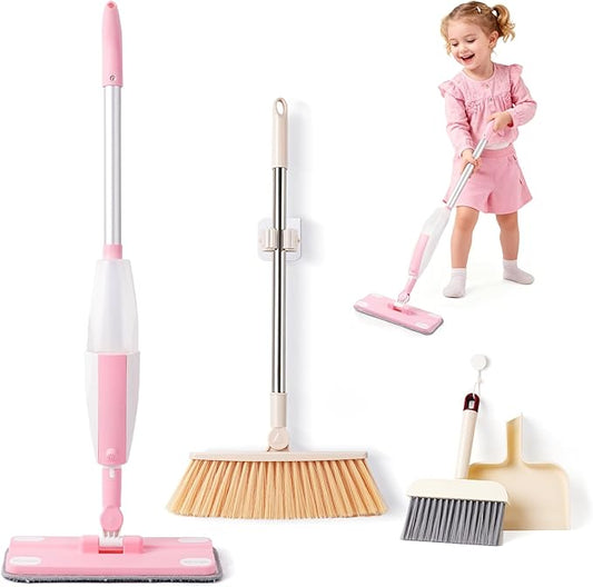Toddler Gifts Cleaning Toy Sets, Real Working Water-Spraying Mop Toy & Kids Broom Dustpan Set, Montessori Mini Kids Spray Mop, Toddler Cleaning Set for Floor, Christmas Birthday Gifts for Age 3+