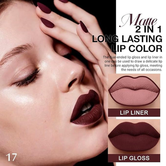 1Pcs 2 in 1 Deep Red Matte Lip Liner and Liquid Lipstick Stain Makeup Set for women, Red Long Lasting Smudge Proof Lip Tint Matte Finish Lip Gloss for All-Day Color Hold Easy to Use 17#