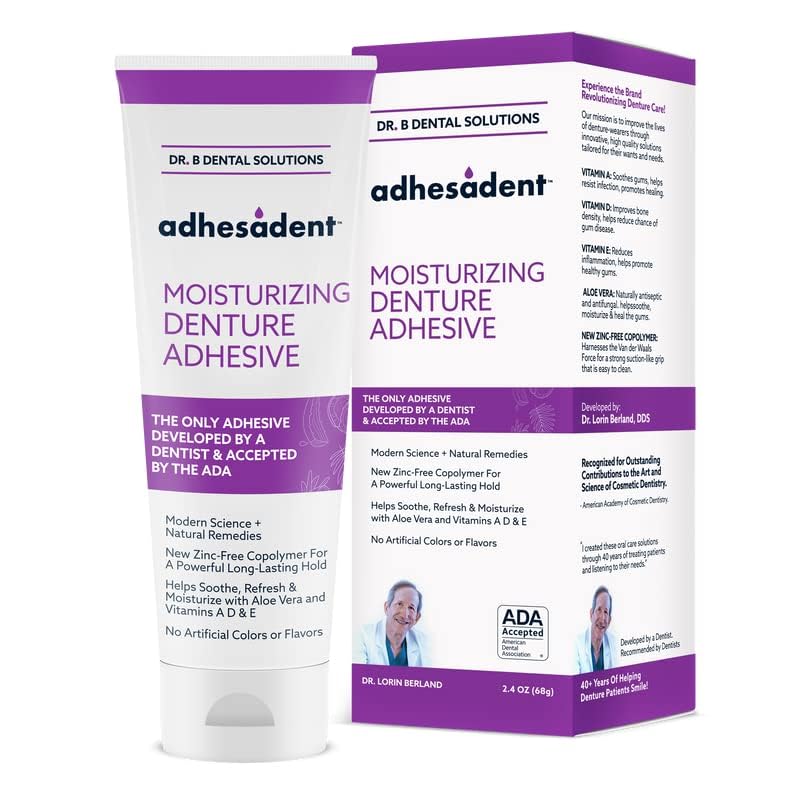 Dr. B Dental Solutions Adhesadent Moisturizing Denture Adhesive - Secure Denture Glue with Strong Grip & Natural Taste - Zinc-Free Dental Adhesive for Dentures, Overdentures - 2.4 oz (2 Pack)