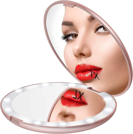 Gospire 5" Lighted Travel Makeup Mirror 1X/7X Magnifying Double Sided, Super Large LED Compact Portable Handheld Pocket Illuminated Cosmetic Vanity Mirror with Battery for Makeup Bag