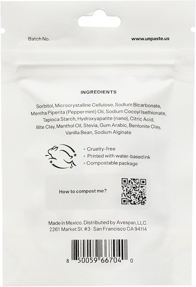 Now w/Nano-HYDROXYAPATITE, New Formula, Unpaste Toothpaste Tablets, Fluoride-Free Mint Remineralizing Tablet, Xylitol Free, Vegan, Plastic Free, Travel-Friendly, Resealable Packet, 125ct/2 mo Supply
