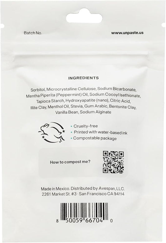 Now w/Nano-HYDROXYAPATITE, New Formula, Unpaste Toothpaste Tablets, Fluoride-Free Mint Remineralizing Tablet, Xylitol Free, Vegan, Plastic Free, Travel-Friendly, Resealable Packet, 125ct/2 mo Supply