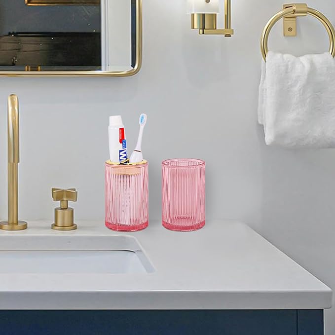 Pink Toothbrush Holders for Bathrooms, 2pcs Glass Toothbrush Holder, 12oz Gold Bathroom Tumbler Cup and Mouthwash Cup, Tooth Brush Cups and Toothpaste Organizer for Bathroom Countertop Decor