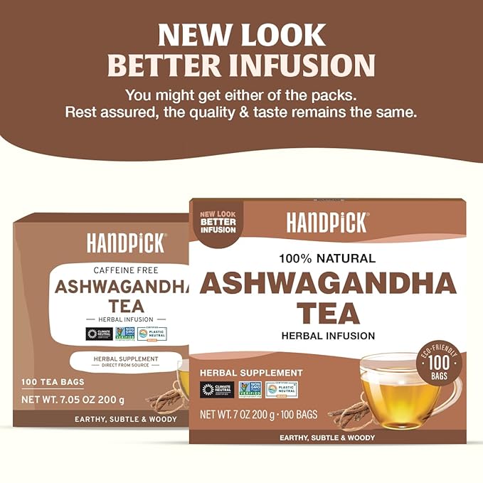 HANDPICK, Ashwagandha Root Tea (100 tea Bags) - Herbal Supplement - For Health & Wellbeing | Caffeine Free, Gluten Free | Packed in Ecofriendly Tea Bags