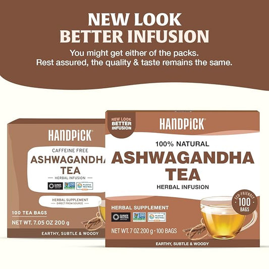 HANDPICK, Ashwagandha Root Tea (100 tea Bags) - Herbal Supplement - For Health & Wellbeing | Caffeine Free, Gluten Free | Packed in Ecofriendly Tea Bags