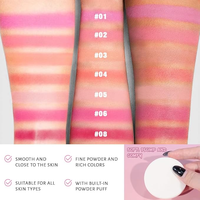 Natural Single Matte for Face Cheeks Blush with Makeup Powder Puff, Pink Red Monochrome Blush Cream Powder Makeup Palette Blushes Long-lasting Color Blendable Foundation for Women Every Day 02