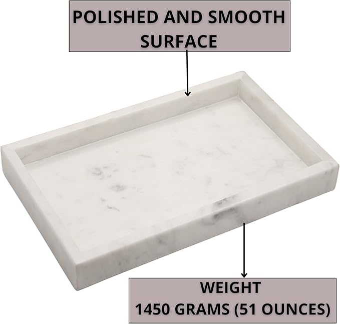 Natural White Marble Tray for Bathroom | Kitchen | Vanity | Desktop, Stone Organizer for Coffee Table, Dresser, Nightstand, Candles, Soap, Towel, Plant, Jewelry (10" x 6"), Rectangular