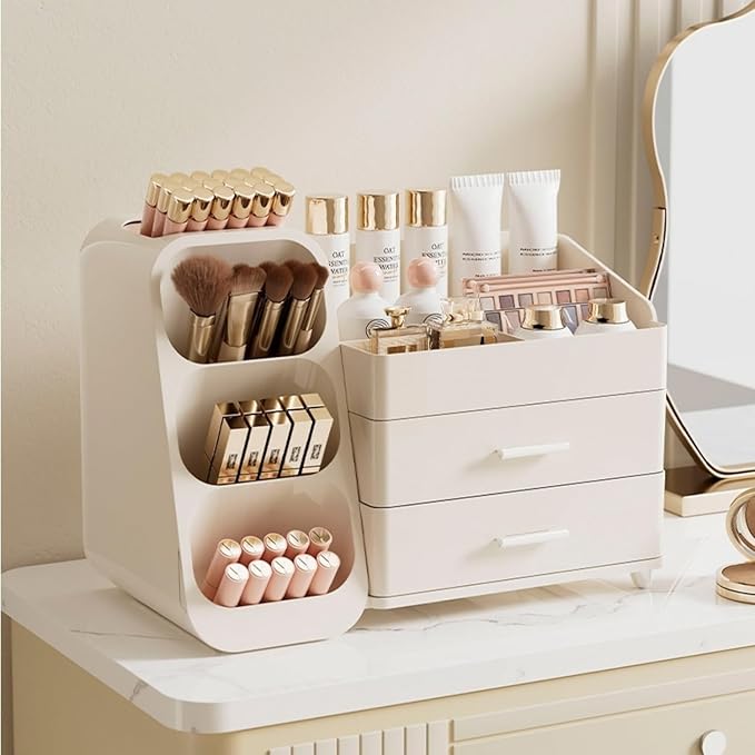 Makeup Organizer with Drawers,Large Capacity Countertop Organizer for Vanity,Bathroom and Bedroom Desk Cosmetics Organizer,Easy To Storage Skincare,Brushes,Lotions,Lipstick (All Cream)