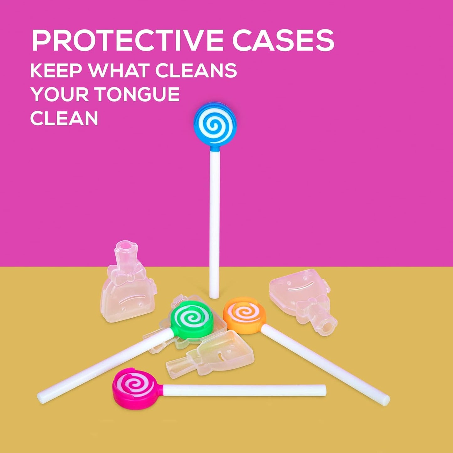 Kids Tongue Scraper or Cleaner Set – BPA-Free Plastic Dental Scrapers Helps Freshen Bad Breath, Remove Gunk – Multicolored with Easy-to-Grasp Handles and Brush Covers by 55Dental, Ages 2+ (Orange)