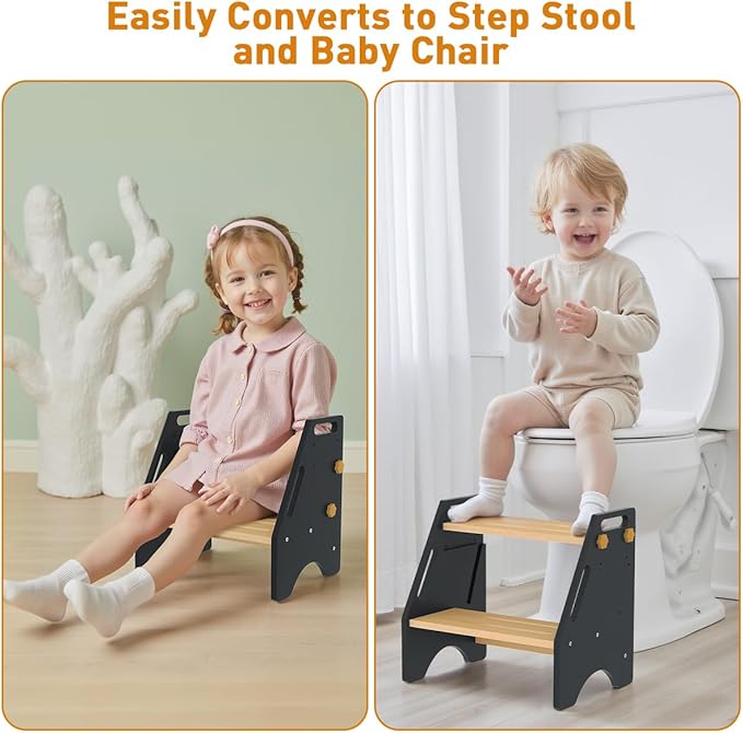 Toddler Step Stool, Wooden Height-Adjustable 2 Step Stool for Kids, 2 in 1 Potty Training Stool with Safety Handles Non-Slip Pads for Bathroom Sink, Kitchen, Bedroom (Grey)