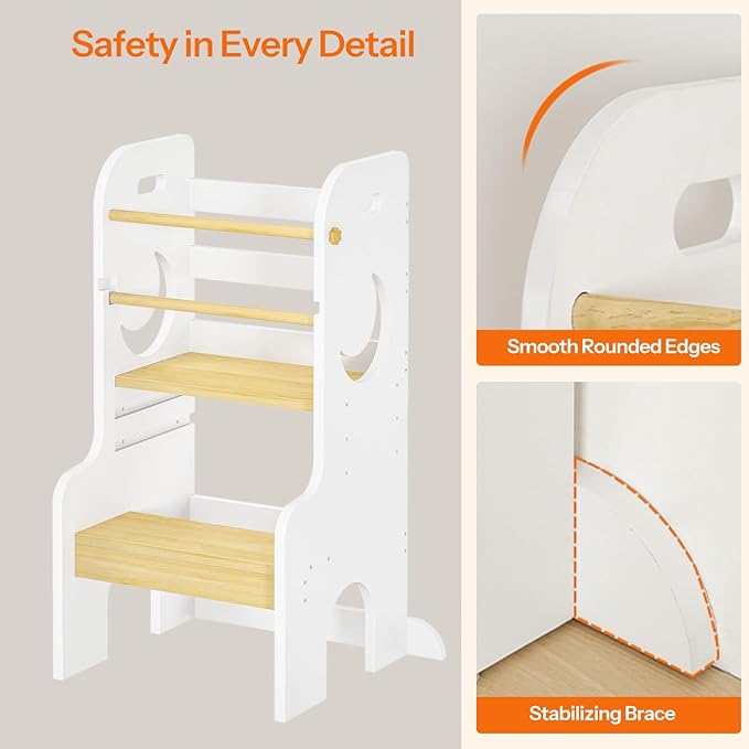 HOOBRO Toddler Standing Tower, Adjustable Height Toddler Step Stool with Back Protection, Kids Kitchen Step Stool with Safety Rails and Non-Slip Foot Pads, for Kitchen, Bathroom, White WN90JD01