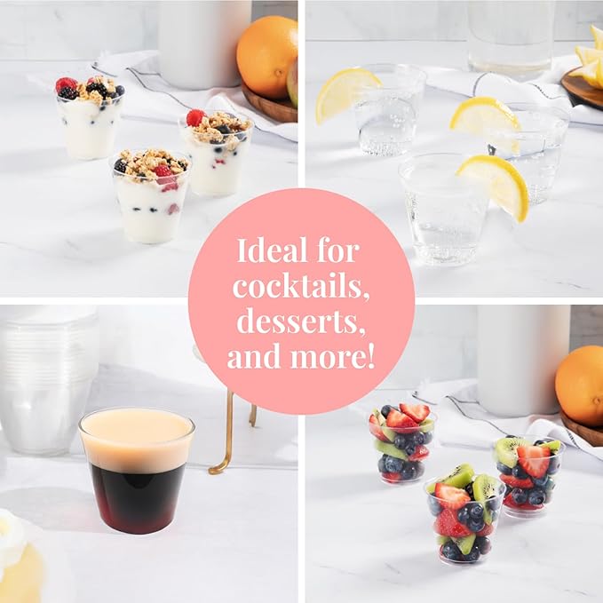 Prestee Disposable Shot Glasses 1 oz - 100 Pack Clear Plastic Shot Glasses for Party, Mini Jello Shot Cups, Small Plastic Cups for Tastings, Condiments, Snacks, and Cocktail Sampling