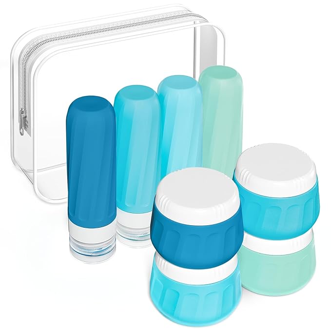 Travel Size Toiletries 8 Pack, TSA Approved 3oz Silicone Squeeze Bottles & Cream Jars with Clear Travel Bag