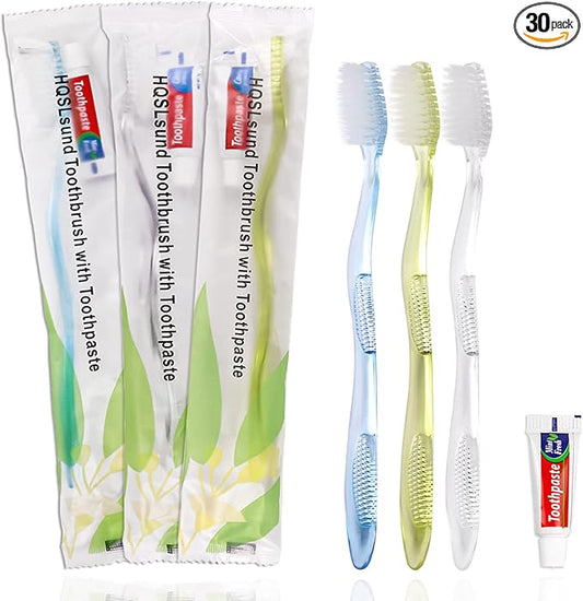 Disposable Toothbrushes with Toothpaste Individually Wrapped, Manual Disposable Travel Toothbrush Set for Adults Kids Travel Toiletries, 3 Colors, 30 Pack