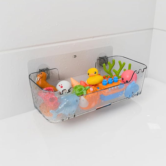 Bathtub Toy Storage – Clear Bath Toy Holder with Drainage Holes, Wall-Mounted No-Drill Organizer for Kids’ Tub Toys
