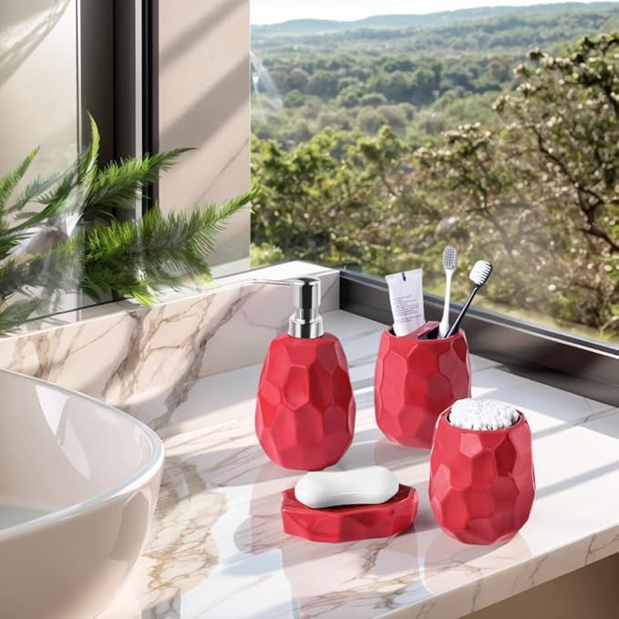 Ceramic Bathroom Accessories Set 4 PCS,Bathroom Toothbrush Holder Set,Soap and Toothbrush Holder Set,Include Toothbrush Holder,Soap Dispenser,Tumbler,Soap Dish,Bathroom Sets Decor Organizer (Red)