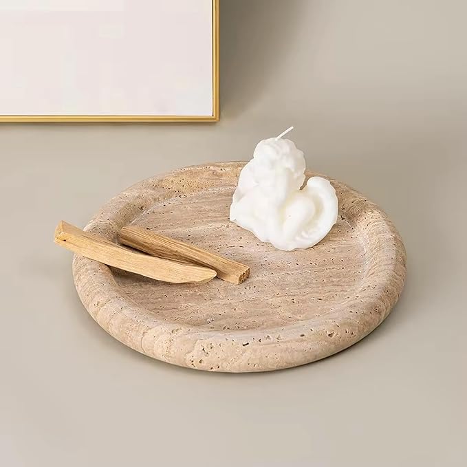 Natural Travertine Marble Vanity Tray- Round Stone Tray,Decorative Beige Countertop Organizer,Jewelry Dish for Bathroom,Coffee Table,Kitchen