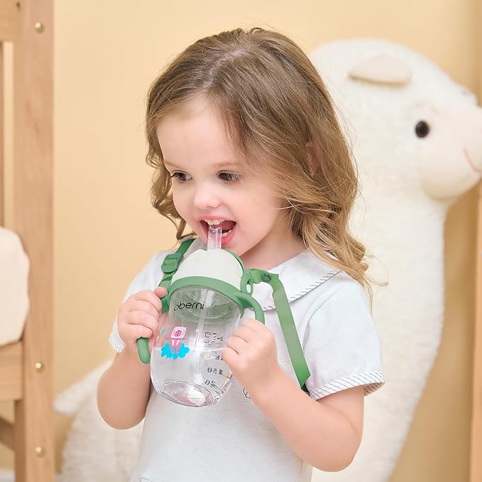 Tritan Sippy Cup, 270ml/9oz Baby Water Drinking Bottle with Removable Handle and Strap, Leak-Proof Training Cup for 12M+/1 Years+ Toddlers, Green/Pack of 2