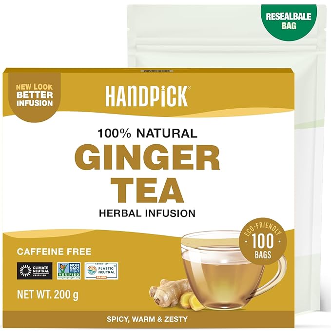 HANDPICK, Ginger Tea Bags (100 Herbal Tea Bags), Authentic Indian Origin, Caffeine Free & 100% Pure Ginger Root |Soothing & Spicy Blend | Round Eco Conscious Teabags