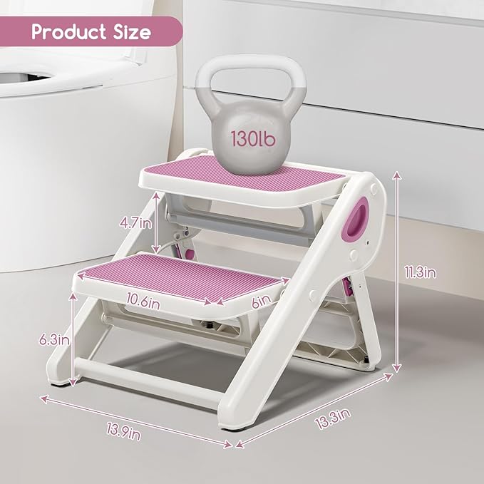 Foldable Toddler Step Stool for Bathroom Sink - 2-Step Kids Stool for Potty Training, Kitchen Counter & Bedroom, Sturdy Non-Slip Child Safety Stool Helper