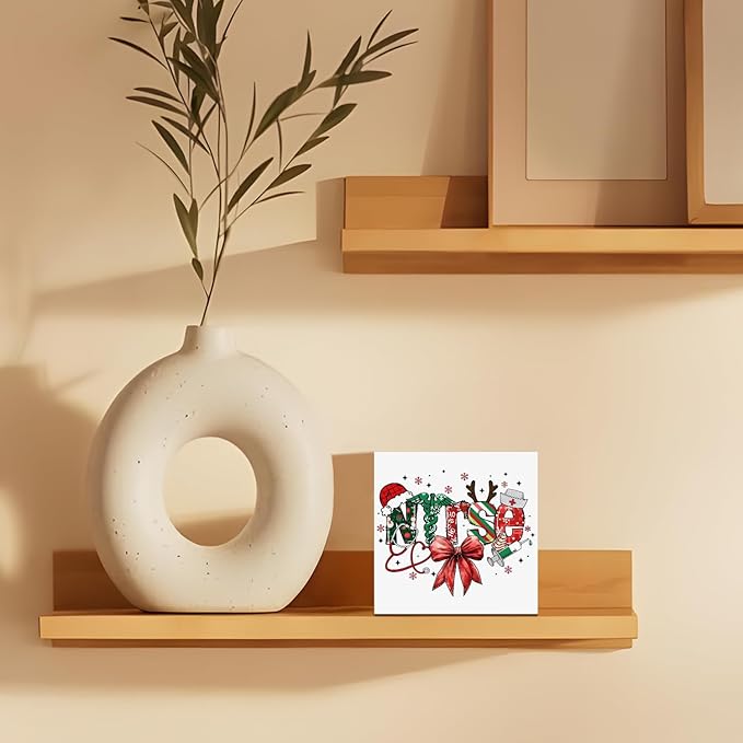Red Bow Christmas Nurse Wooden Box Sign, Nurses Gifts for Christmas, Holiday Winter Xmas Nurse Wood Block Plaque Signs for Nursing Office School Home Desk Table Shelf Decor, 5x5 Inch