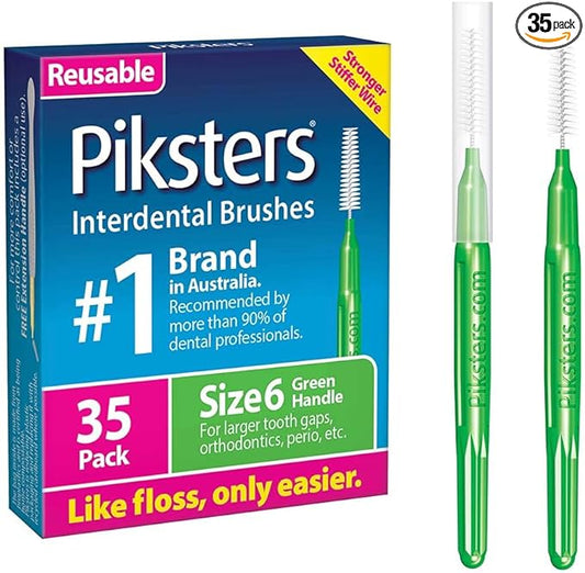Piksters Interdental Brushes, 35 pk, Size 6, Interdental Tooth Brush for Larger Gaps, Gum Soft Bristles for Plaque Removal, Safe for Braces