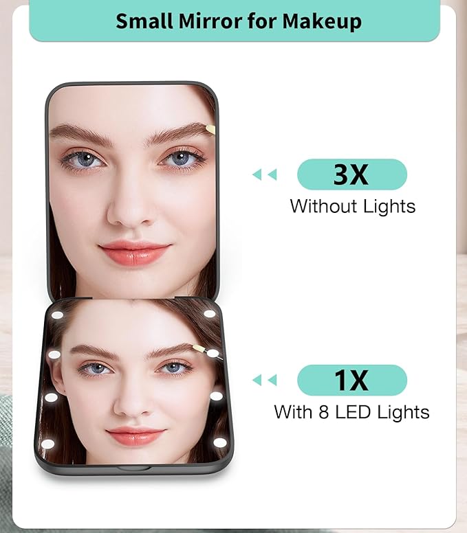 WOBSION Small Mirror with Lights,LED Compact Makeup Mirror,1x/3x Mini Travel Mirror with Magnification,Portable for Purse,Pocket,Gifts for Girls,Black