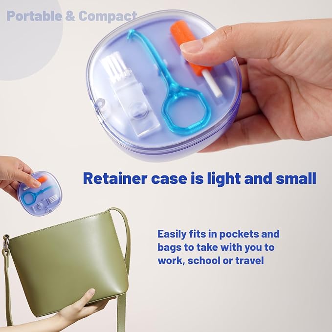 Double-layer Retainer Storage Case with Belt Chewing, Removal Tool, Cleaning Brush, Built in Mirror Orthodontic Retainer Container Case, Retainer Travel Case (blue)