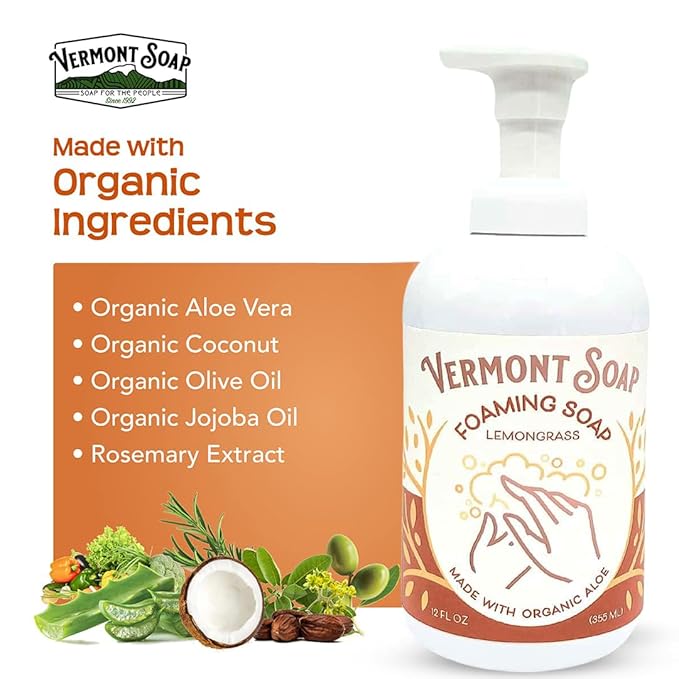 VERMONT SOAP Organic Lemongrass Zen Foaming Hand Soap - Natural Moisturizing Soap for Dry Skin - Fragrance Free Liquid Bathroom Hand Soap Dispenser - Lemongrass Zen - 12 oz