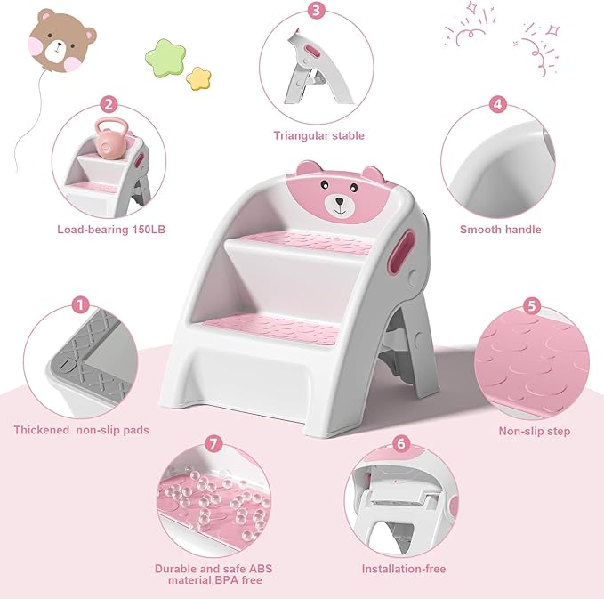 Folding Kids Step Stool for Bathroom and Potty Training,Anti-Slip, Anti-Tip A-Frame Design with 10-Second Setup-Potty 2 Step Stool for Toddlers