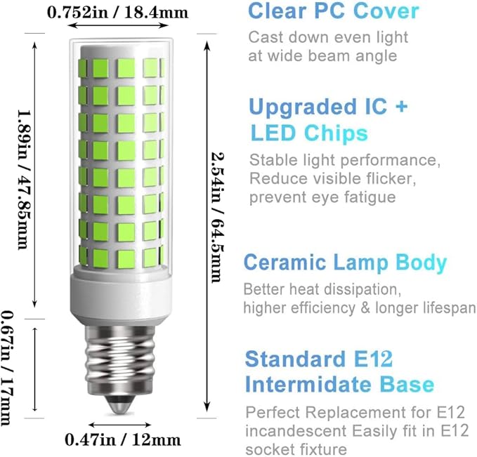3 Pack E12 LED Candelabra C7 Chandelier C37 Fan Light Bulbs Kx-2000 Bulbrite Replacement, 7W Equivalent to 70W Incandescent, 700LM AC120V (Daylight White 6000K)