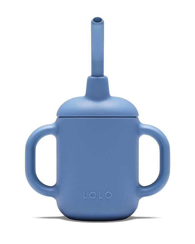 Lalo Little Cup, Non-Toxic Silicone Straw Cup with Handles - Baby and Toddler Sippy Cup - Mini Cup and Straw Training System, 4oz, Blueberry