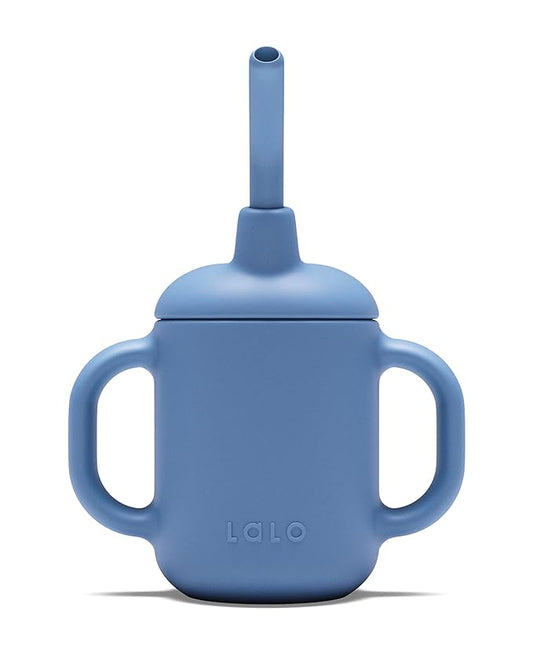 Lalo Little Cup, Non-Toxic Silicone Straw Cup with Handles - Baby and Toddler Sippy Cup - Mini Cup and Straw Training System, 4oz, Blueberry
