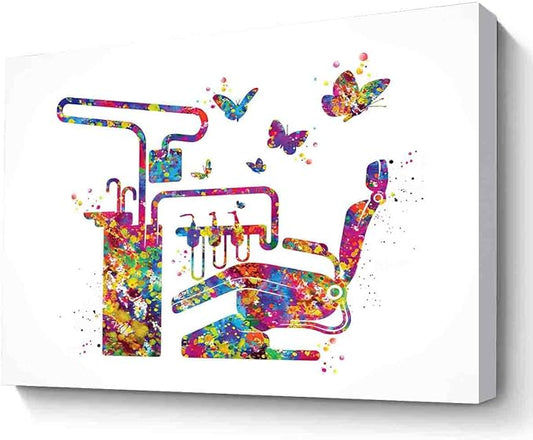 MBARE Pastel Watercolor Wall Art, Dentist Chair Print - Tooth Art Teeth Decor Clinic Wall Decor Dental Office 12"X16" Canvas Print With Frame