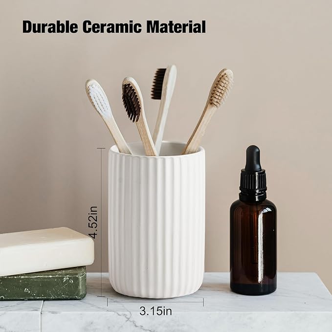 Toothbrush Holders for Bathrooms, Ceramic Tooth Brush Holder Set, Ribbed Bathroom Cups Tumbler, Reusable Toothbrush Mouthwash Cup, Toothpaste Holder Toothbrush Organizer for Bathroom Counter