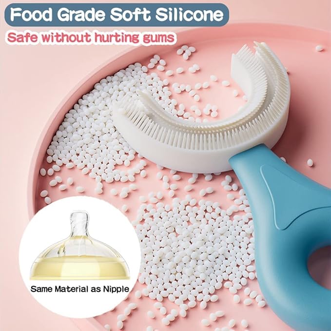 YOTEE U-Shaped Toothbrush Kids 2 PCS - Toddler Toothbrush with Food Grade Soft Silicone Brush Head, Manual Whole Mouth Tooth Brush for Kids Age 6-12(Blue+Pink)