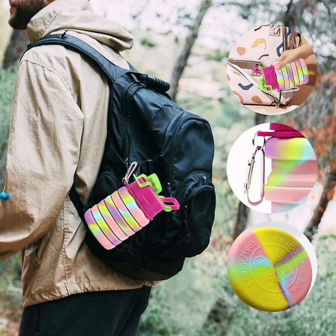 Silicone Collapsible Water Bottles, 16oz 500ml Portable Foldable Expandable Water Bottle Sports Cups, Leak Proof Reusable BPA Free, for Outdoor Activities Travel(2# Pink)