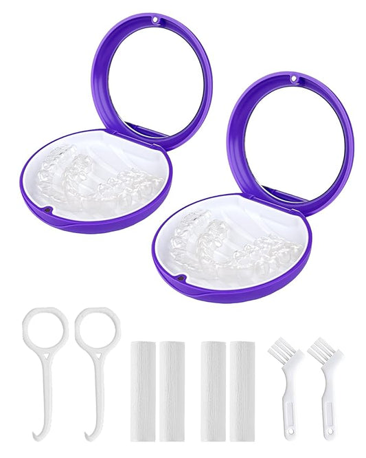 2 Pack Retainer Case with Mirror Kits, Aligner Case Compatible with Invisalign, Slim Night Guard Cases with Aligner Removal Tool, Brush and Chew, Purple