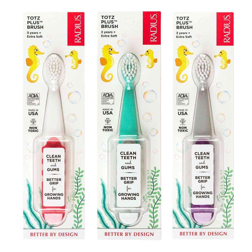 RADIUS Children's Toothbrush, Totz Plus Brush, Extra Soft Bristles, White & Coral/Mint & Grey/Grey & Purple, BPA Free ADA Accepted, for Delicate Teeth & Gums for Children 3 Years & Up, Pack of 3
