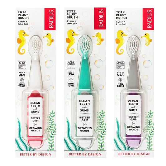 RADIUS Children's Toothbrush, Totz Plus Brush, Extra Soft Bristles, White & Coral/Mint & Grey/Grey & Purple, BPA Free ADA Accepted, for Delicate Teeth & Gums for Children 3 Years & Up, Pack of 3