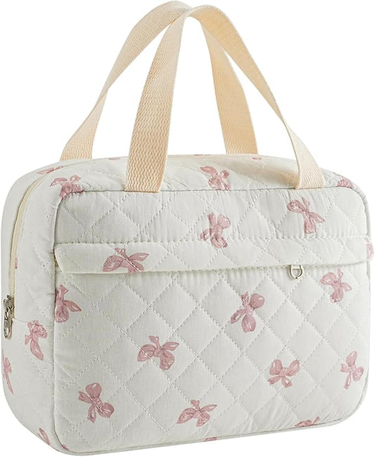 Large Size Quilted Coquette Makeup Bag, Cute Preppy Floral Cotton Travel Cosmetic Organizer Bag with Top Handle, Multi-Layer Travel Toiletry Pouch for Girls (07White Pink Bow)