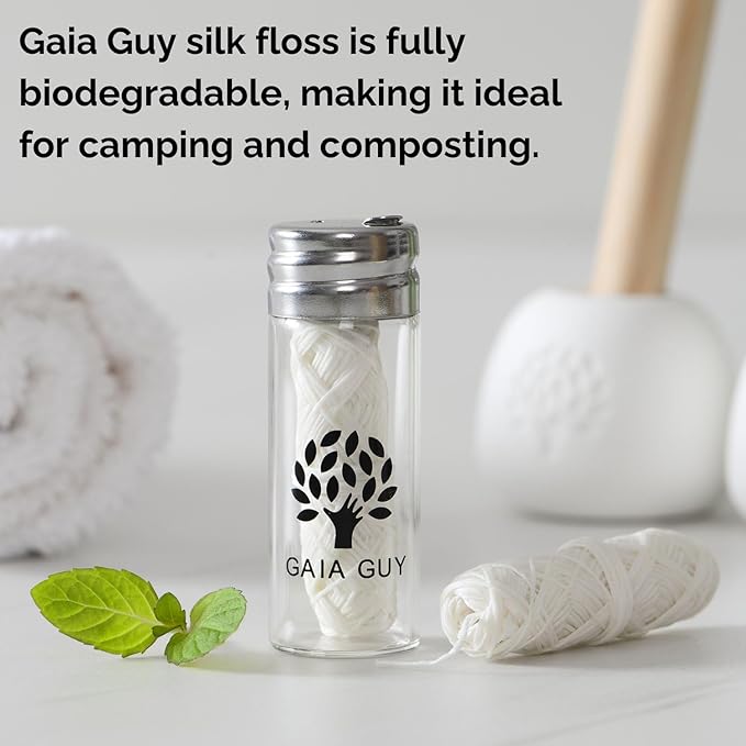 Natural Silk Dental Floss with Refillable Glass Container | Free Refill | Natural Candelilla Wax | 33yds x 2 | Peppermint | Eco-Friendly Zero Waste Oral Care (Peppermint)