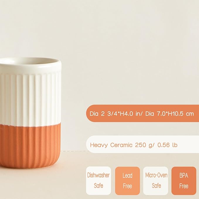 Hand Dipped Two-Tone Ceramic Toothbrush Holder, Terracotta and Cream Tumbler for Bathroom Countertop, Rippled Orange Makeup Brush Holder, Pen Organizer, Multipurpose Bathroom Accessory