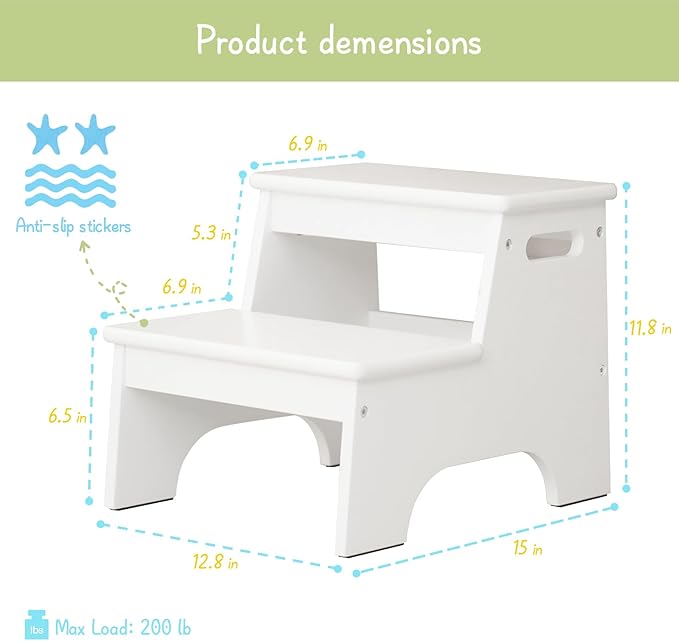 Forbena Wood Toddler Step Stool for Bathroom Sink, White Kids Toilet Step Stool for Potty Training, Small Child Baby Girl Boy 2 Stepping Stool with Handle for Kitchen Counter Nursery Bedroom Closet