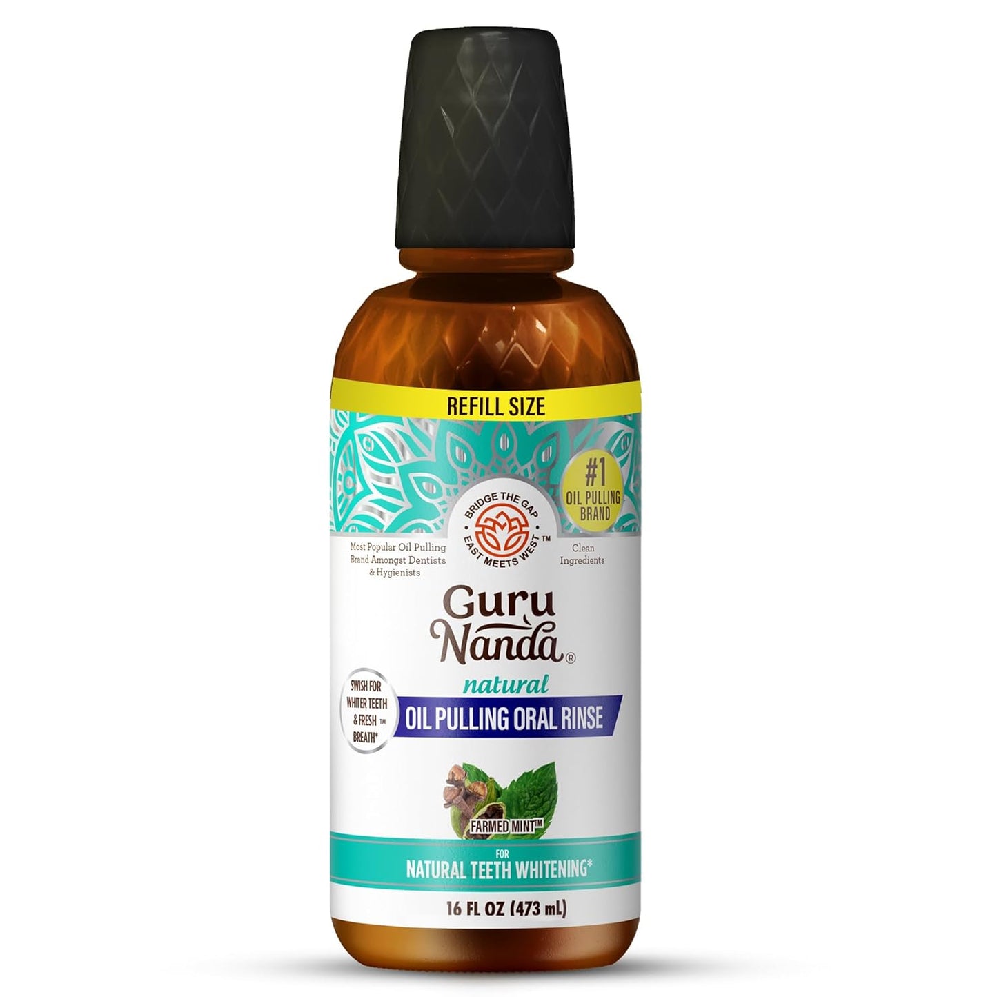 GuruNanda CocoMint Oil Pulling Mouthwash for Complete Oral Hygiene, 7 Essential Oils & Vitamins for Happy Teeth & Gums & Fresh Breath, Alcohol-Free, 16 oz